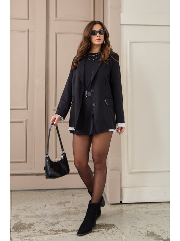 Siyah Premium Kumaş Astarı Çizgili Blazer Ceket