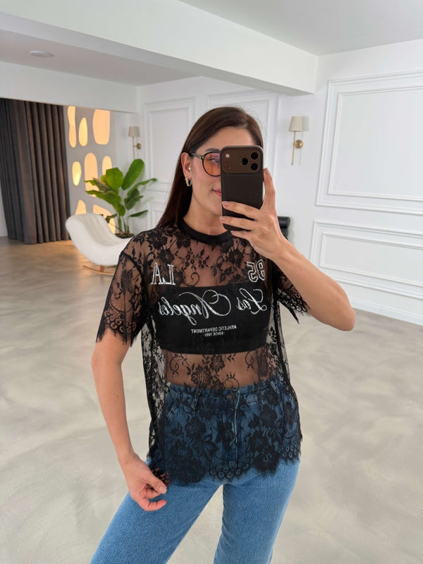 Siyah Baskılı Dantel Tshirt 1098-Siyah