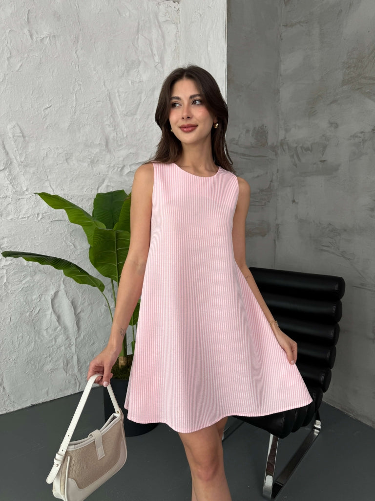 Pembe Çizgili Sıfır Kol Elbise