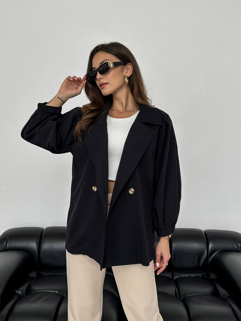 Siyah Balon Kol Oversize Trençkot