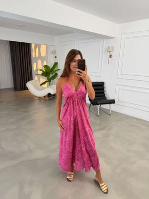 Pembe Etnik Desen Saten Elbise 4254-Pembe