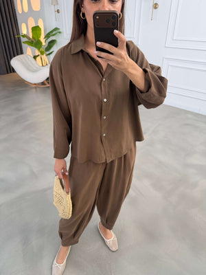 Kahve Tensel Gömlek Pantolon Takım 50957-Kahve