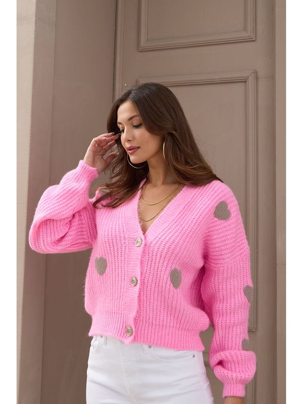 Pembe Kalp Dokulu Örme Hırka
