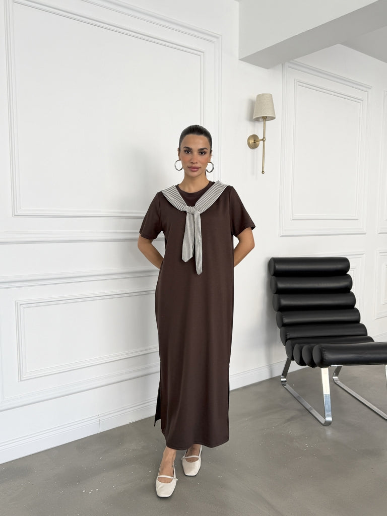 Kahve Fular Detaylı Modal Elbise 1877-Kahve