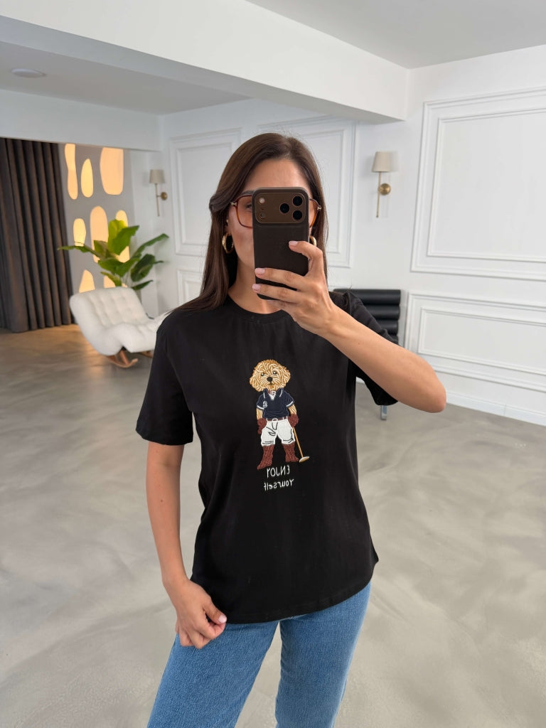 Siyah Hayvan Nakışlı Tshirt 11825-Siyah