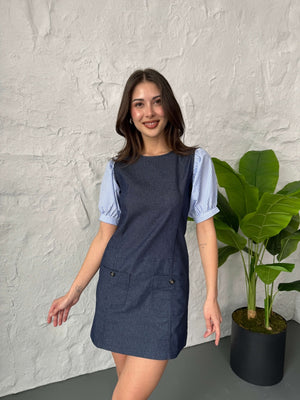 Kolları Çizgili Poplin Detay Denim Elbise