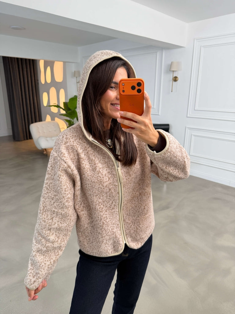 Bej Ön Fermuarlı Kapüşonlu Peluş Sweat 22870-Bej