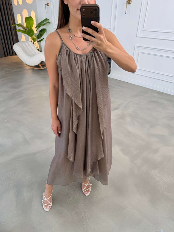 Bronz İp Askılı Fırfırlı Elbise EY3422-Bronz