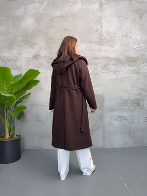 Kahverengi Kapşonlu Kaşe Kaban 2610-Kahverengi