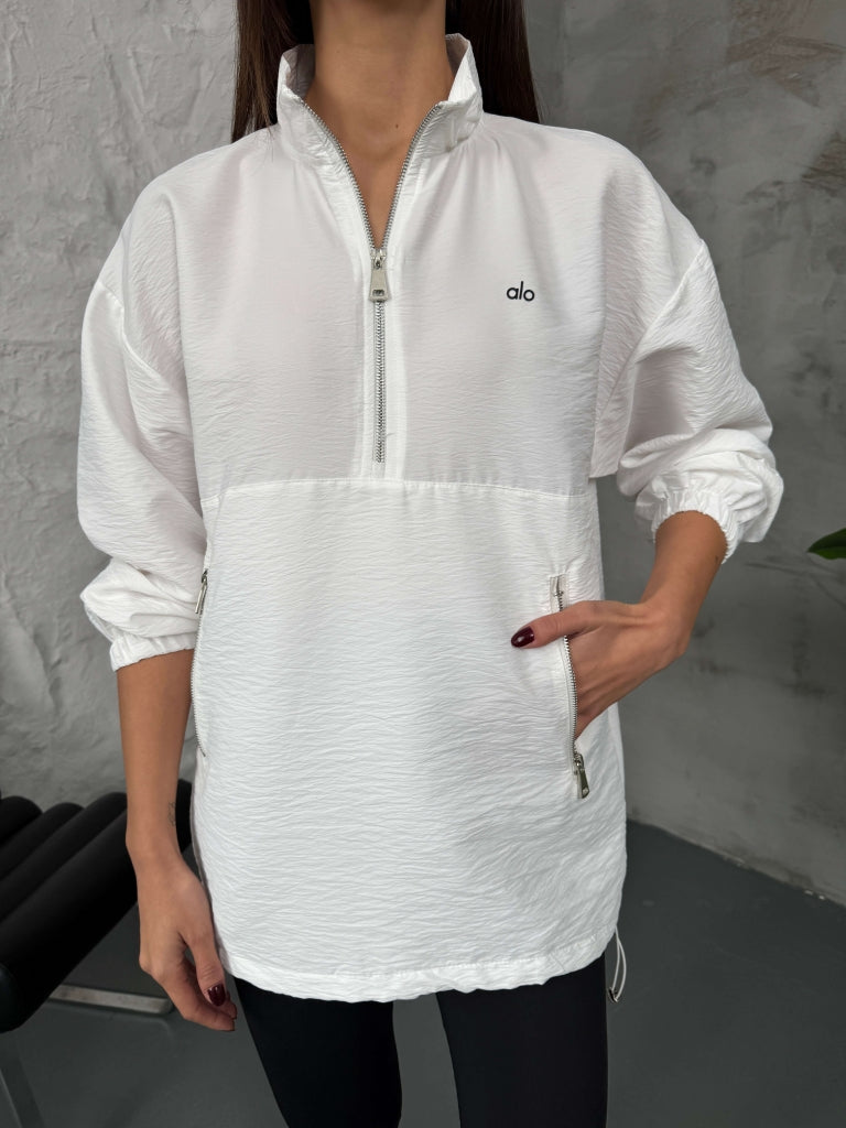 Beyaz Paraşüt Kumaş Fermuarlı Sweat