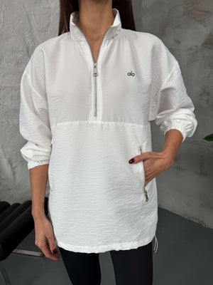 Beyaz Paraşüt Kumaş Fermuarlı Sweat