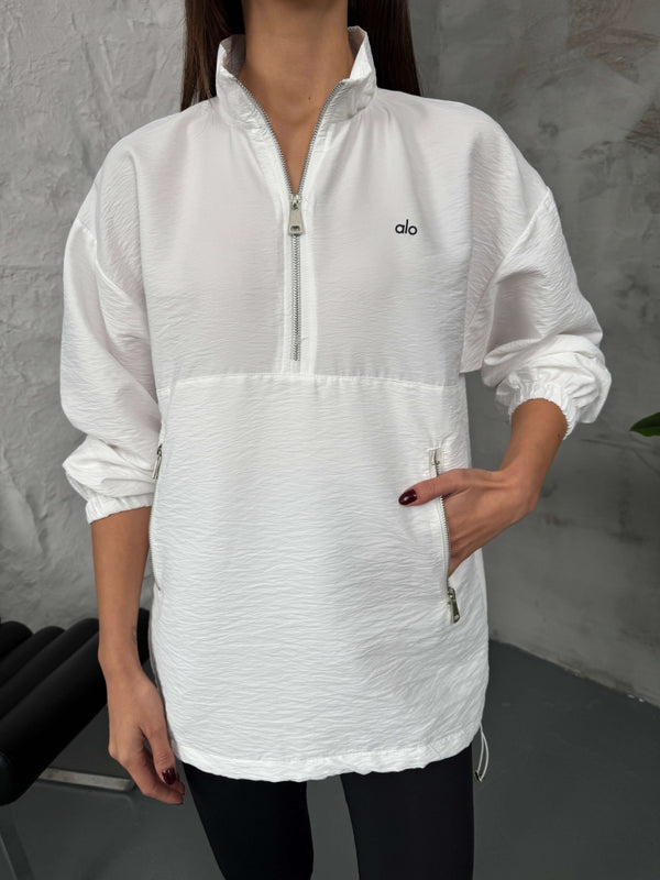 Beyaz Paraşüt Kumaş Fermuarlı Sweat