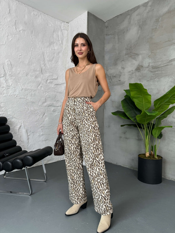Kahverengi Leopar Varaklı Pantolon