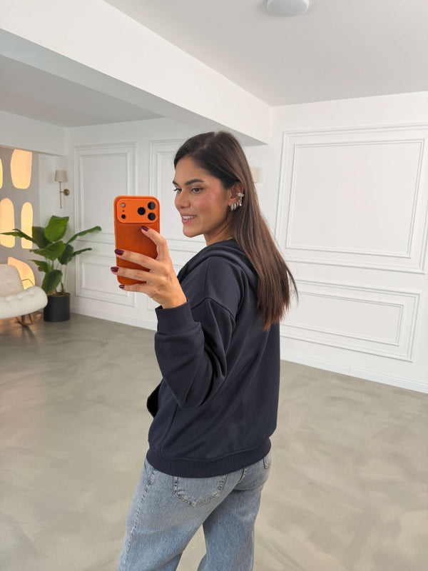 Lacivert Kapüşonlu Fermuarlı Basic Sweatshirt 4321-Lacivert