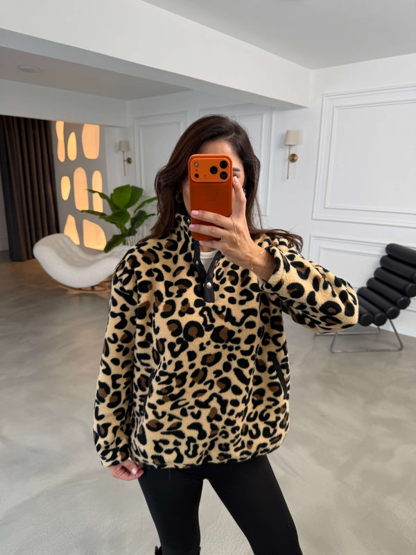 Leopar Yakası Çıtçıtlı Peluş Sweat 4322-Leopar