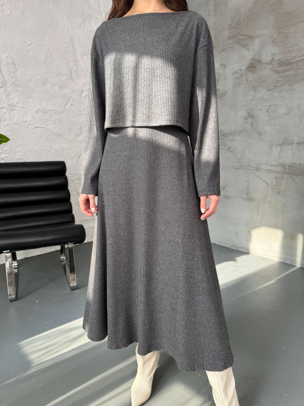 Antrasit Bluzlu Elbise Selanik Takım 7720-Antrasit