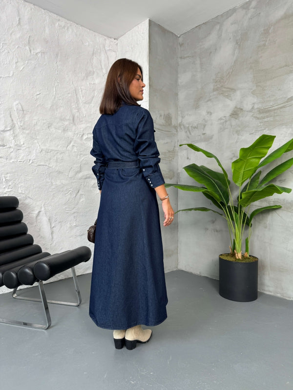 Lacivert Boydan Çıtçıtlı Kuşaklı Denim Elbise