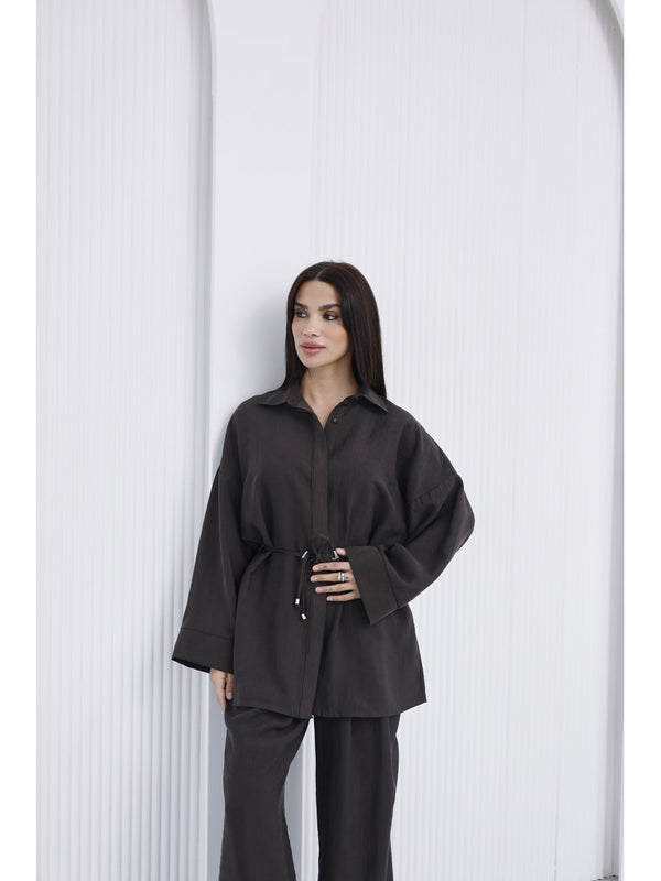 Kahve Bel Bağlamalı Gömlek Takım 51281-Kahve