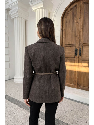 Vizon Çizgili Yün Karışımlı Kemerli Ceket 9634-Vizon