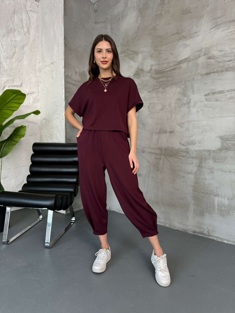 Bordo Modal Tshirt Pantolon Takım