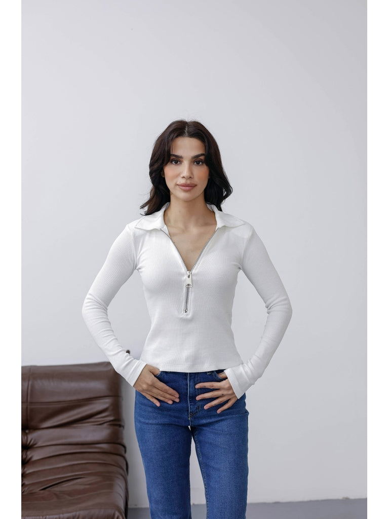 Ekru Yakası Fermuarlı Vatkalı Bluz 30412-Ekru