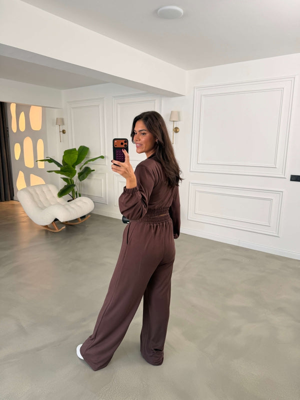 Kahverengi Beli Ribanalı Fermuarlı Takım 4211-Kahverengi