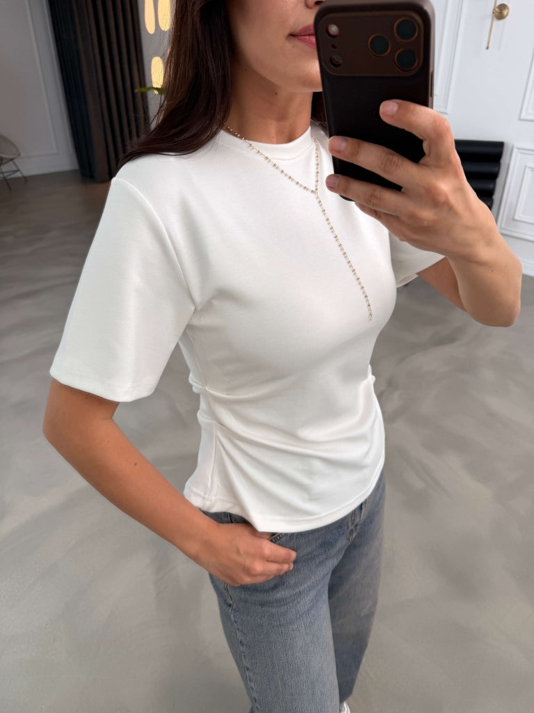 Beyaz Yanları Büzgülü Tshirt 1395- Beyaz
