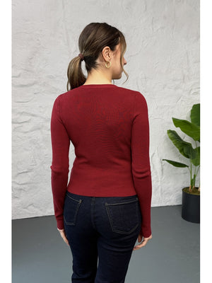 Dilvin  Bordo V Yaka Düğmeli Triko Kazak 10805-Bordo