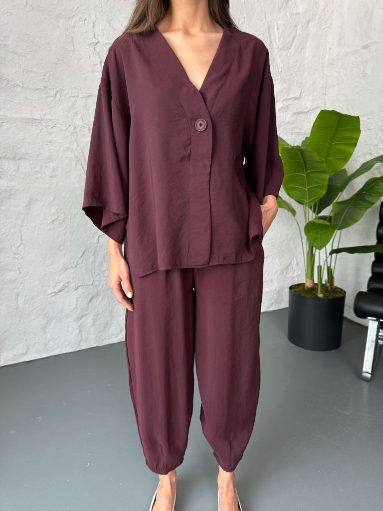 Mürdüm Tek Düğmeli Bluz Pantolon Takım