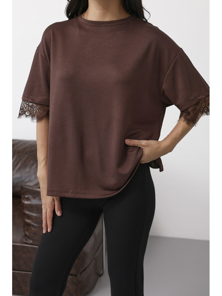 Kahverengi Sırtı Dantelli Tshirt 1073-Kahverengi