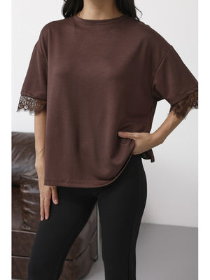 Kahverengi Sırtı Dantelli Tshirt 1073-Kahverengi
