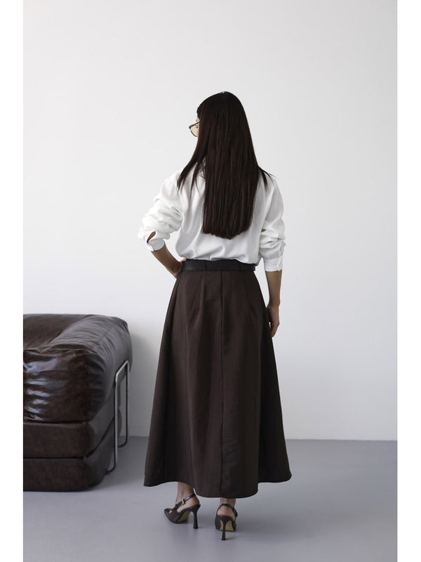 Kahverengi Pileli Kemer Detaylı Etek 0580-Kahverengi