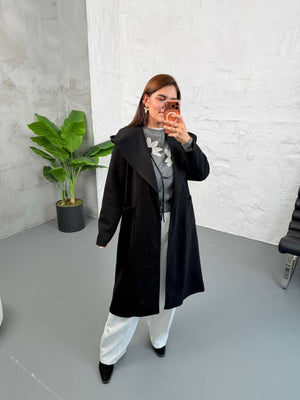 Siyah Kapşonlu Kaşe Kaban 2610-Siyah