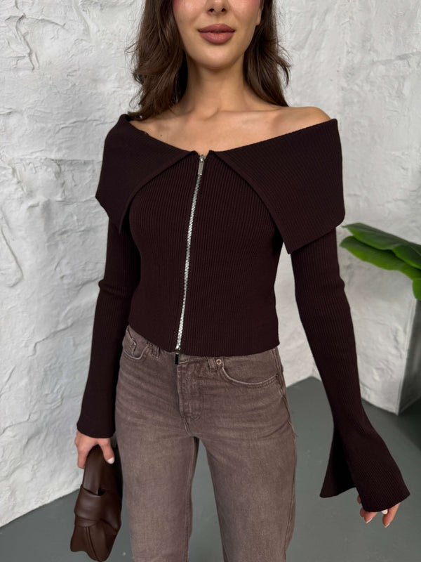 Kahverengi Madonna Yaka Çift Yön Fermuarlı Bluz 2545-Kahverengi