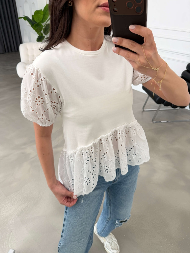 Beyaz Karpuz Kol Fistolu Tshirt EY3263-Beyaz