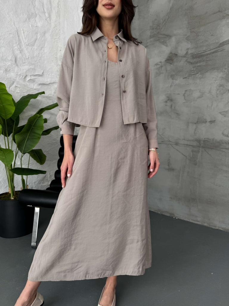 Vizon  İp Askılı Elbise Gömlek Takım 51153-VİZON