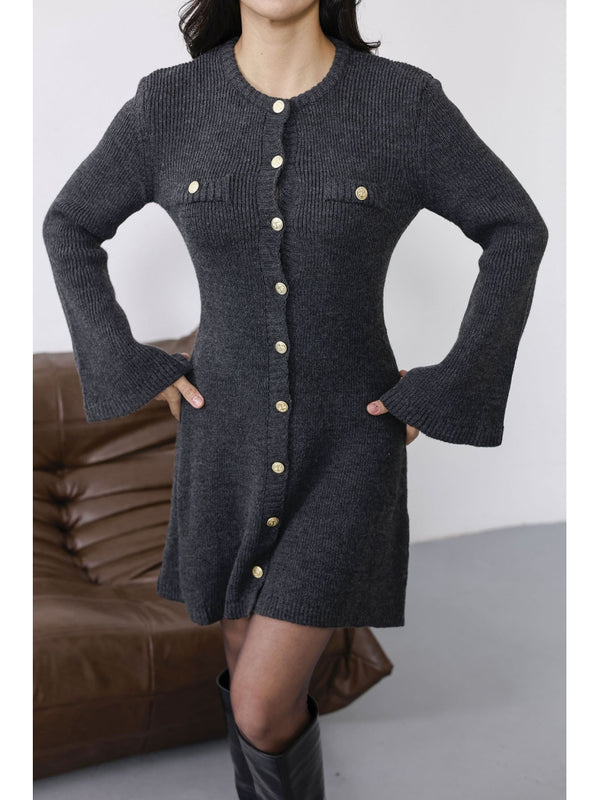 Antrasit Uzun Kol Gold Düğmeli Triko Elbise 0159-Antrasit