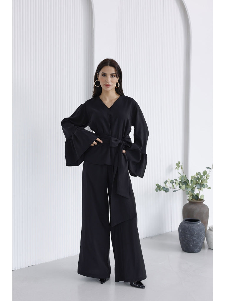 Siyah Kolları Volanlı Bel Bağlamalı Takım 0812-Siyah