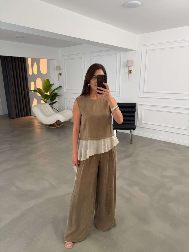 Bronz Eteği Garnili Bluz Pantolon Takım 51391-Bronz