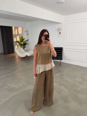 Bronz Eteği Garnili Bluz Pantolon Takım 51391-Bronz