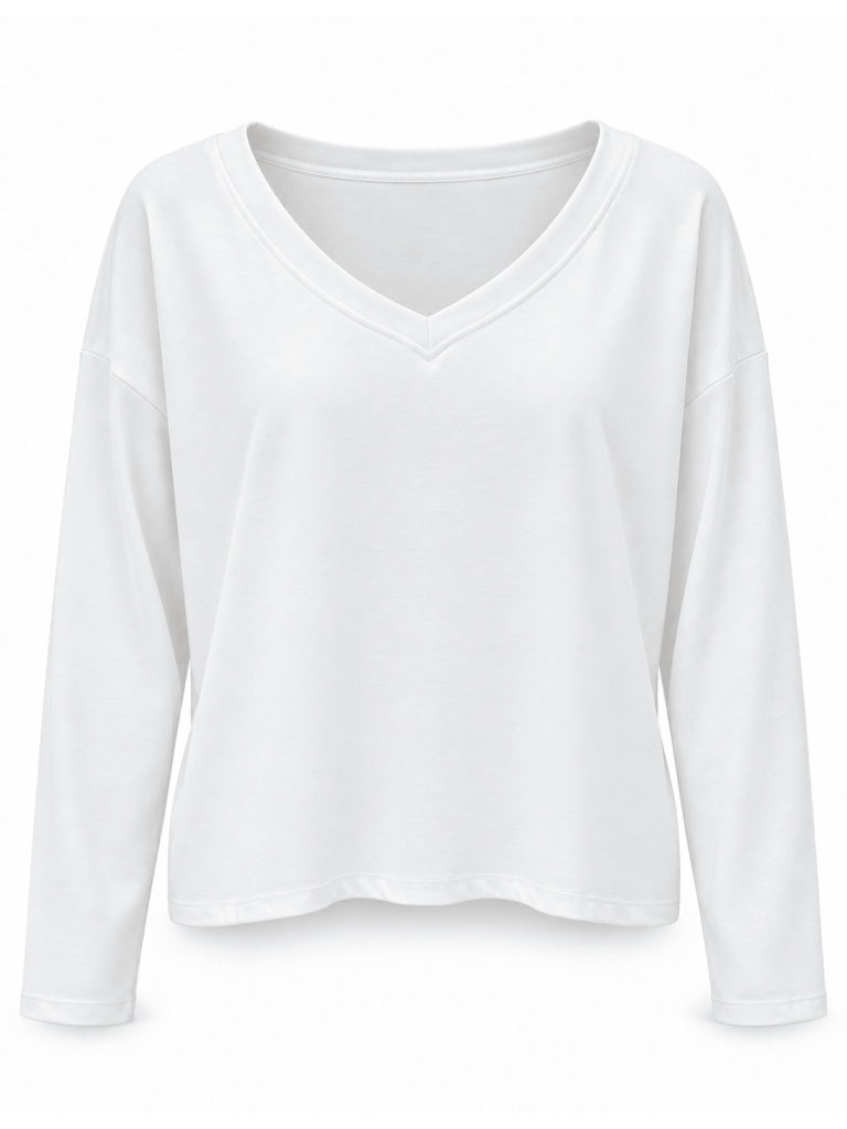 Beyaz V Yaka Uzun Kollu Sweat 11094-Beyaz