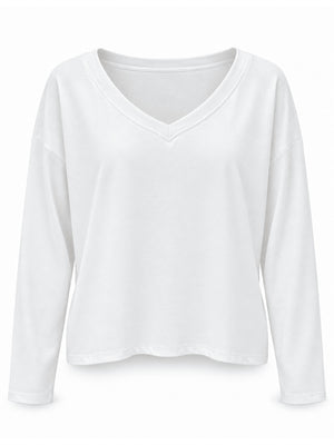 Beyaz V Yaka Uzun Kollu Sweat 11094-Beyaz