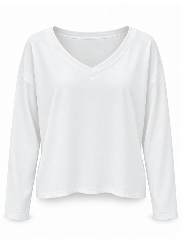 Beyaz V Yaka Uzun Kollu Sweat 11094-Beyaz