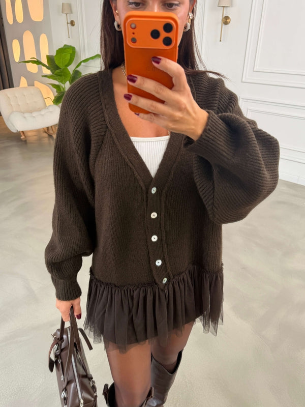 Acı Kahve Tül Garnili Oversize Hırka 2839-Acı Kahve