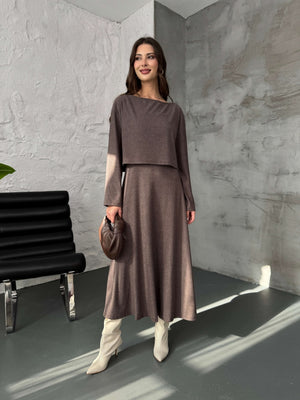 Kahverengi Bluzlu Elbise Selanik Takım 7720-Kahve