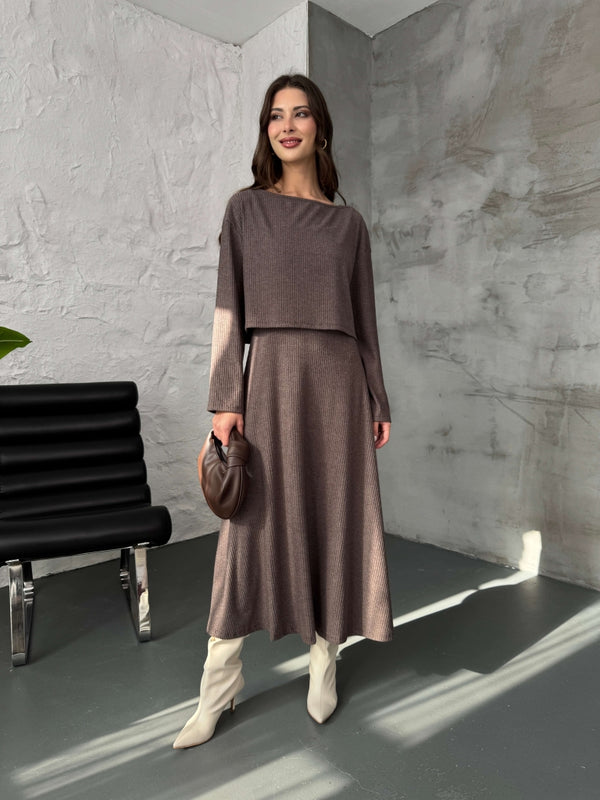 Kahverengi Bluzlu Elbise Selanik Takım 7720-Kahve