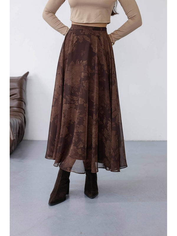 Kahverengi Çiçek Detaylı Şifon Etek 0613-Kahverengi