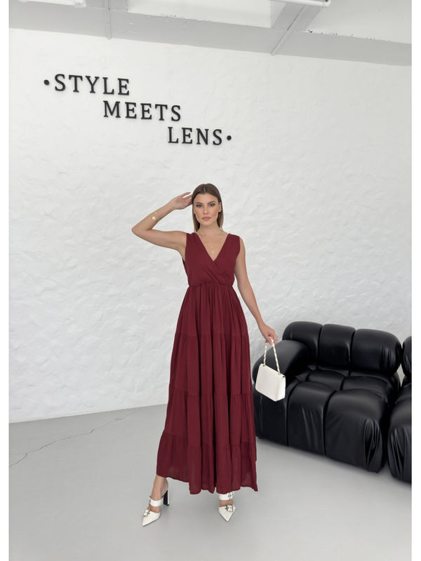 Premium Bordo Kruvaze Keten Elbise