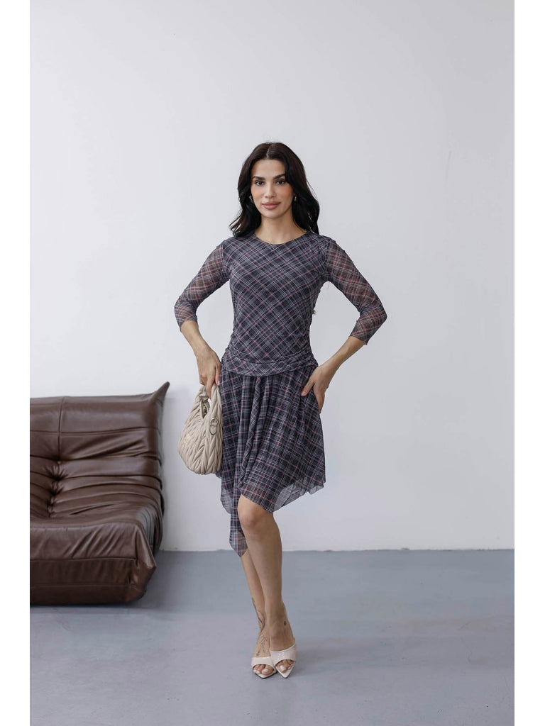 Gri Ekoseli Asimetrik Tül Elbise 29826-Gri