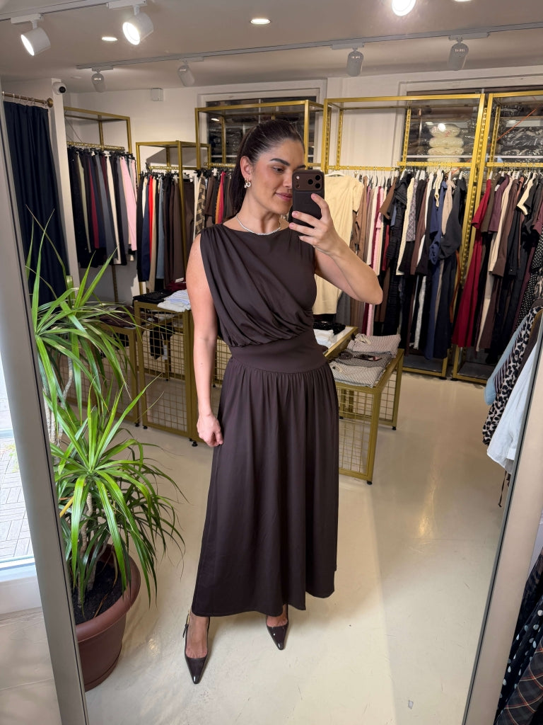 Kahve Bel Detaylı Drapeli Elbise 8228-Kahve